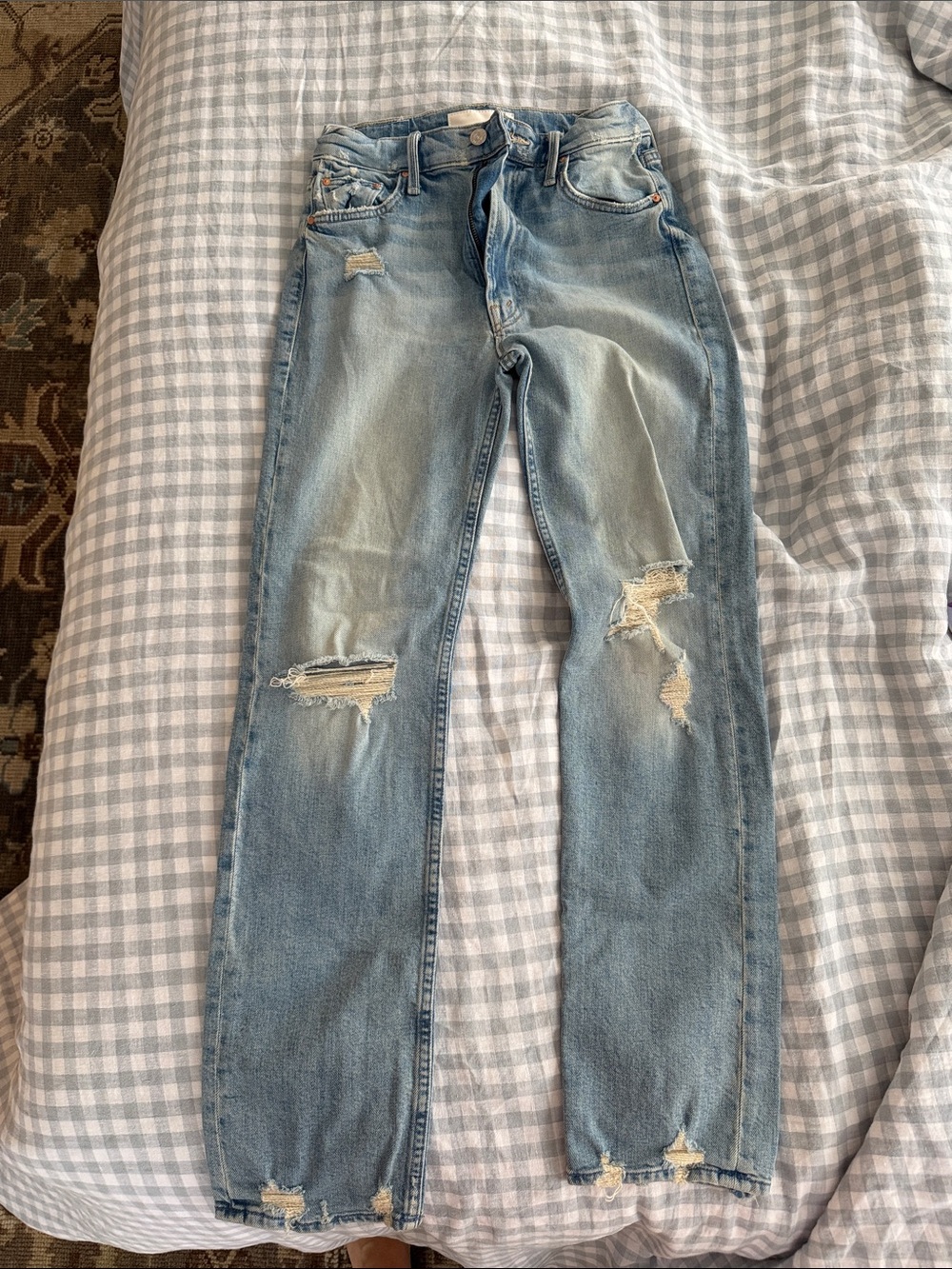 MOTHER Light Blue Distressed Straight-Leg Jeans